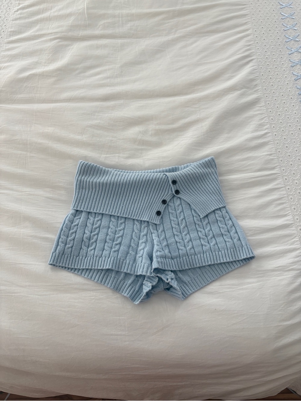 High-Waist Cable Knit Soft Shorts in Light Blue